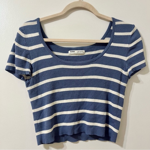 Dusty Blue and White striped ribbed knit crop top - Picture 1 of 3